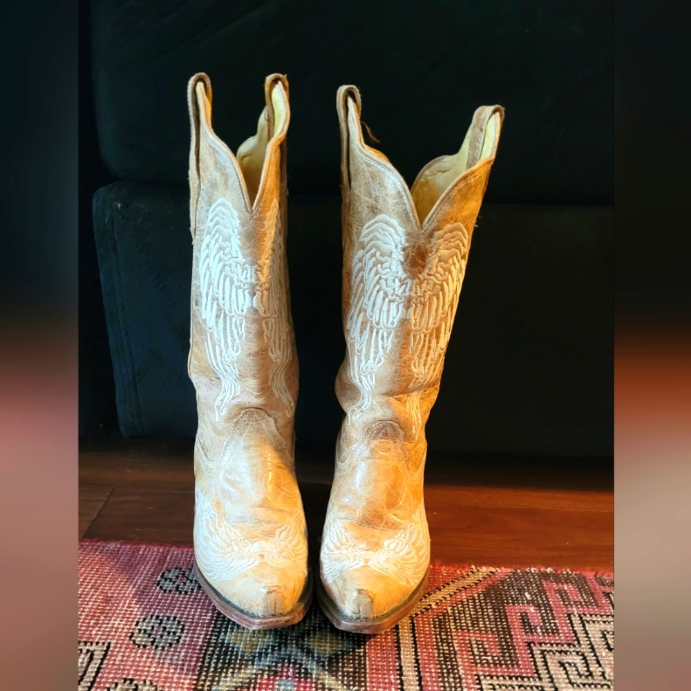 Sand /Tan /Beige leather cowboy boots with White Stitching with 2 inch heel